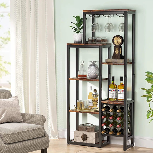 Wine Rack Freestanding Floor, 5-Tier Wine Baker Rack With Glass Holder & Wine Storage, Industrial Wine Display Shelf Wine Bar Cabinet For Bar, Kitchen
