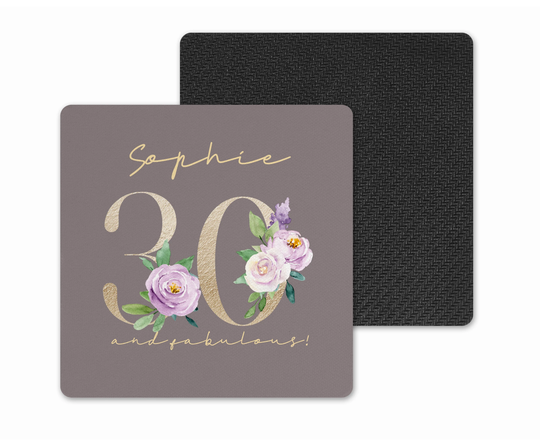 Personalised Coaster.. Wooden Drinks 30Th Birthday Keepsake Gift.. 30 & Fabulous... Gold & Purple Floral