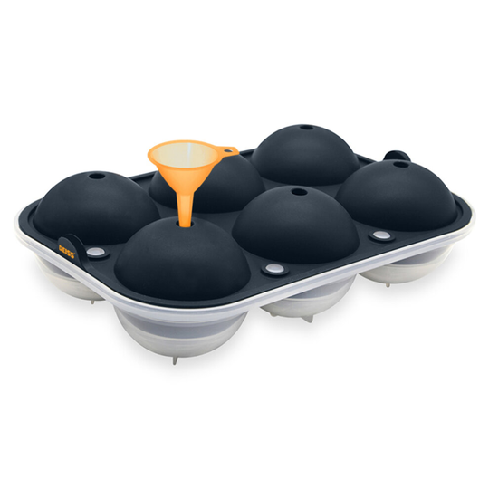 Deiss PRO Ice Ball Maker Mold & Plastic Funnel - 6 Perfect 2.5 Inch Ice Spheres in Flexible Silicone Tray - Plastic Funnel for Liquid Transfer