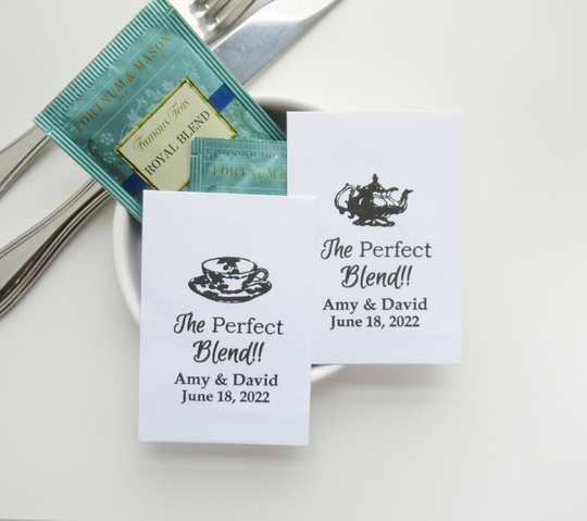 The Perfect Blend, Diy Wedding, Engagement Or Anniversary Party Favors, Personalized White Tea Coffee Packets With Teacup Teapot Motif