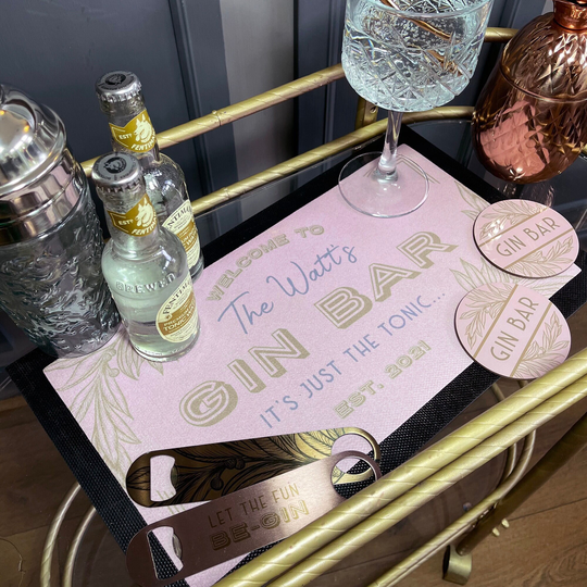 Personalised Gin Bar Accessory Set | Art Deco Style Cart Runner Mat, Bottle Opener & Pair Of Coasters Complete Letterbox Gift