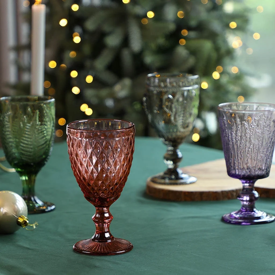 Set Of Four Coloured Embossed Wine Goblets Vintage Style Relief Glasses Dishwasher Safe Glassware
