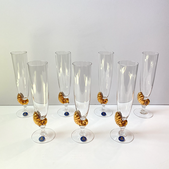 Vintage Royal Copenhagen Neptune Millennium Champagne Flutes, Set Of 7 Crystal Glassware/stemware, Kitchen & Dining, Home Decor