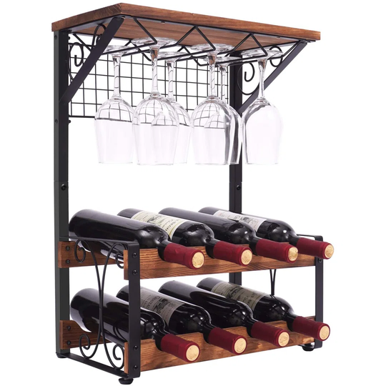 2 Tier Solid Wood Wine Rack, Hold 8 Wine Bottles And 6 Glasses Countertop Wine Storage Stand, Freestanding Wine Holder Display Shelves For Kitchen, Pa