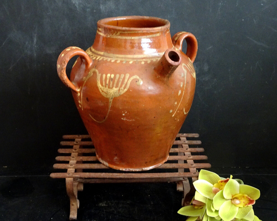 Red Clay Antique French Pottery. Glazed Handpainted Terracotta Jug. Country