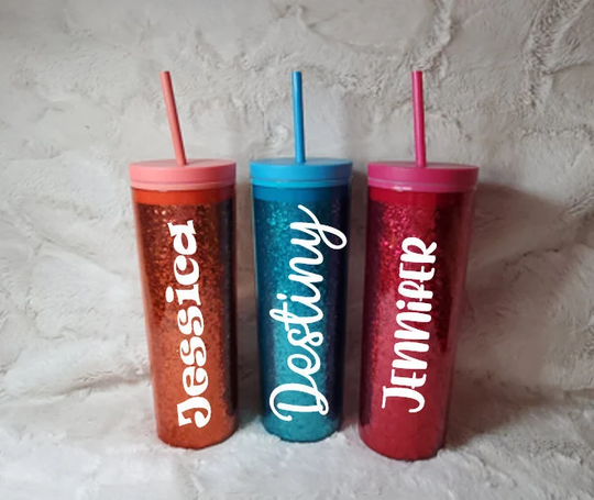 Personalized Tumbler 20 Oz - Custom Acrylic Skinny Glitter Cup Blue Pink Coral