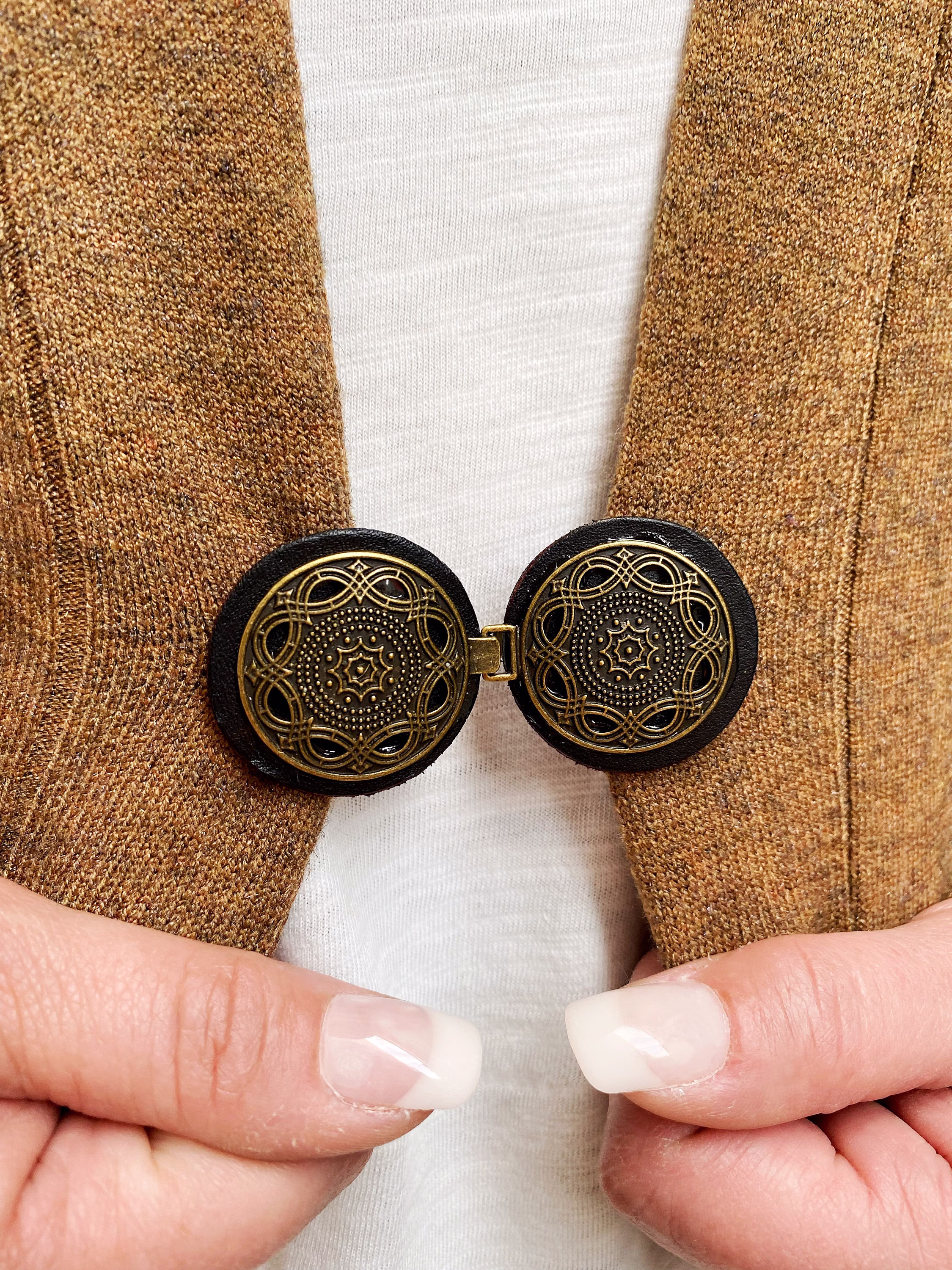 New Cinch Clip | Waist Cincher Bronze On Dark Brown Leather Dress Clips Medallion Cloak Clasp Cardigan Unique Gift Kardiklips