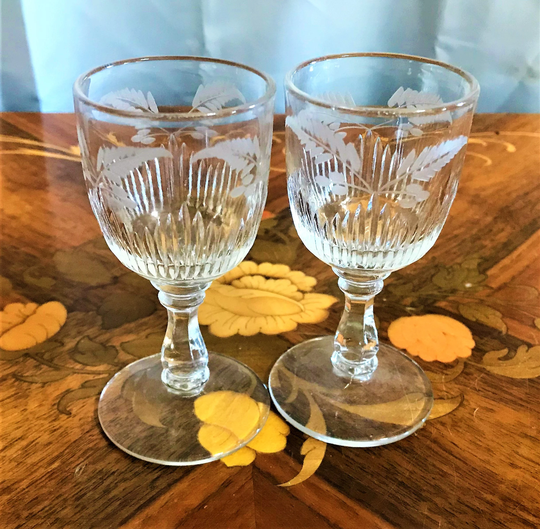 Two Vintage Etched Sherry Glasses Or Cordials, Barware, Home Bar