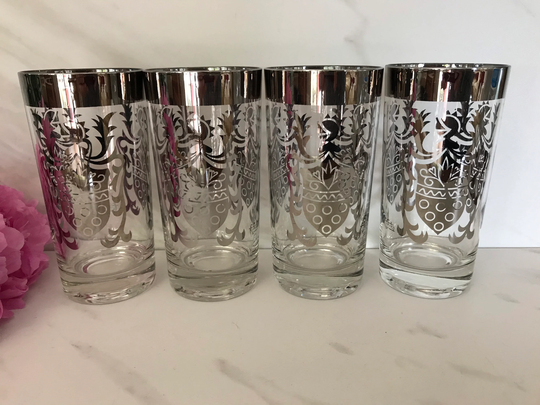 Rare Vintage Kimiko Silver Knight High Ball Glasses Barware. Signed Kimiko. Made in 1960's