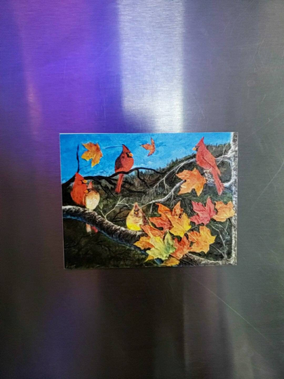Cardinals in Fall Magnet, Bird Art, Wildlife Art, Outdoor Nature Gift Basket Stuffer