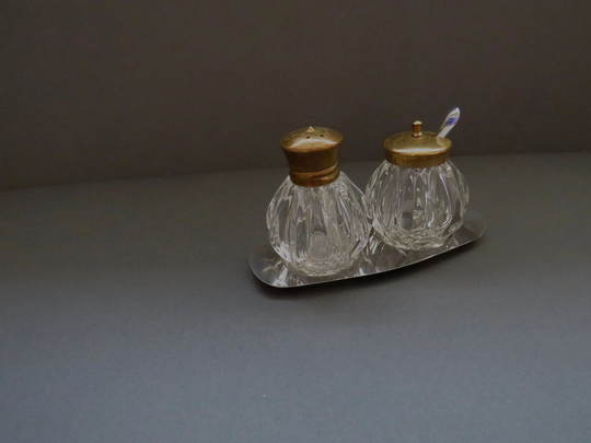 Vintage Shaker Table Set/Hong Kong Cut Glass Shakers Condiment Caddy Pepper Set C1960 | Rb