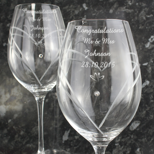 Engraved Large Hand Cut Little Hearts Diamante Personalised Wine Glasses , Crystal Elements Wedding Anniversary - Express Delivery Option