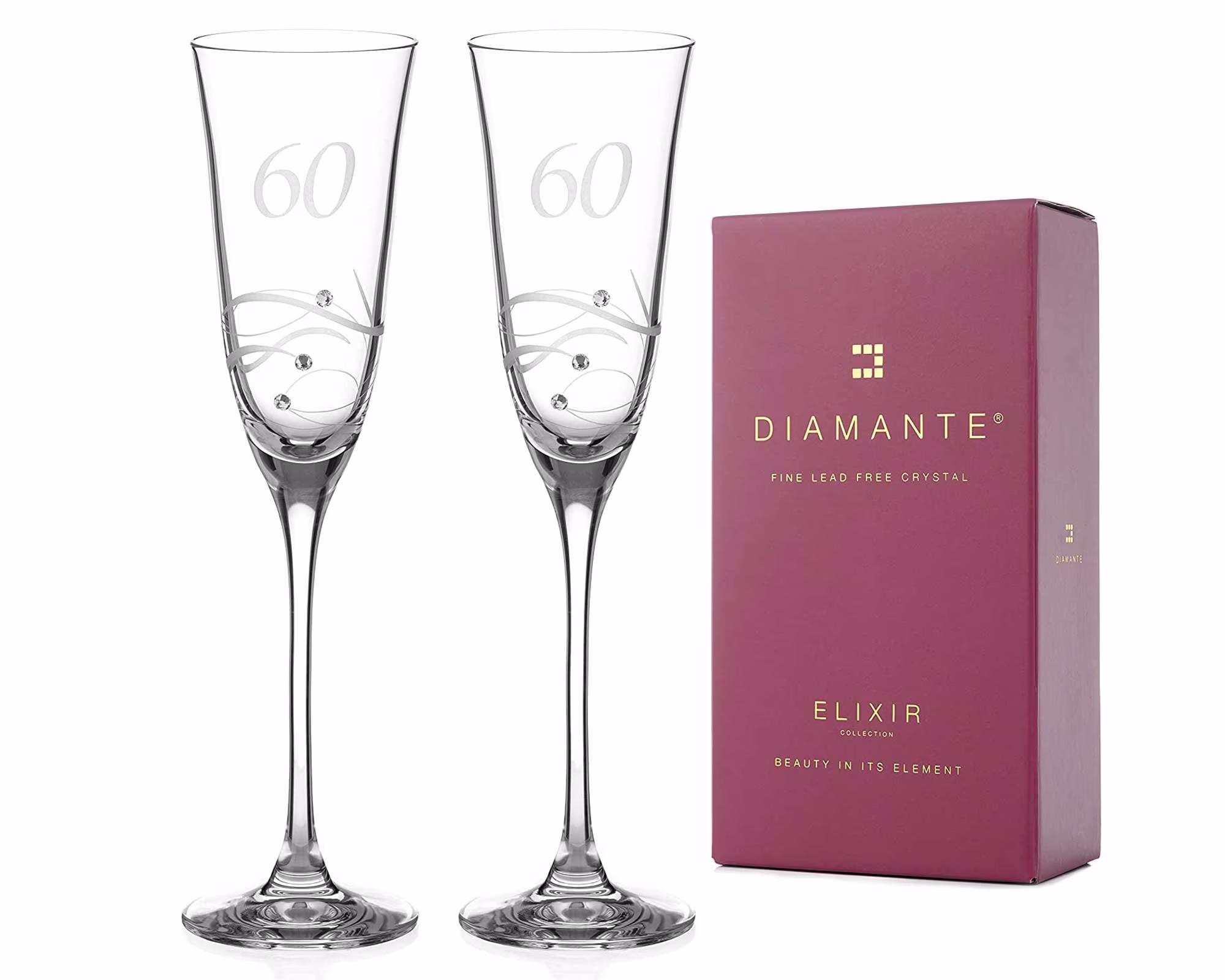 60Th Anniversary Champagne Flutes Adorned With Swarovski Crystals - Set Of 2