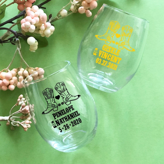Printed 24 Pieces Rodeo Boots Personalized Stemless Wine Glass Favors - Wedding {Item#858E-W}