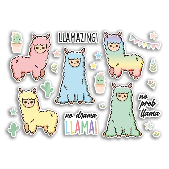 A4 Sticker Sheet Cute Llama Vinyl Stickers - Alpaca Animal Peru Kawaii Faces Cartoon Illustration Puns Love Aesthetic Gift #78795