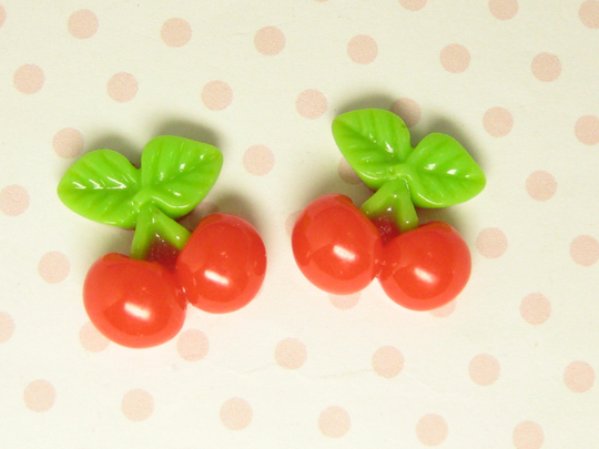 Cherry Cabochons Red Fruit Miniature Flatback Resin Bunch 17mm X 7.5mm