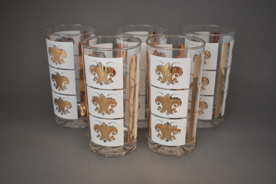 Swanky Vintage Drinking Glasses | Glass Highball Set Of 5 White + Gold Acanthus Fleur De Lis Pattern 18K Mcm Barware Tom Collins