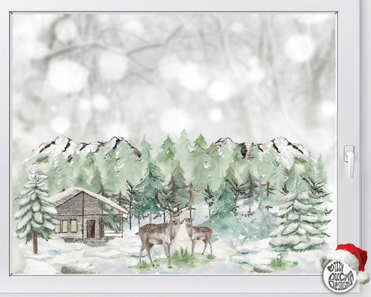 Winter Forest Scene Deer Window Decal - Nordic Watercolour Classy Christmas Décor By Dizzy Duck Reusable Cling Stickers