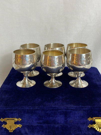 Vintage Silver Plated Goblets. Liqueur Shot Glasses. Etched Epns. Original Box. 1960S 2.5
