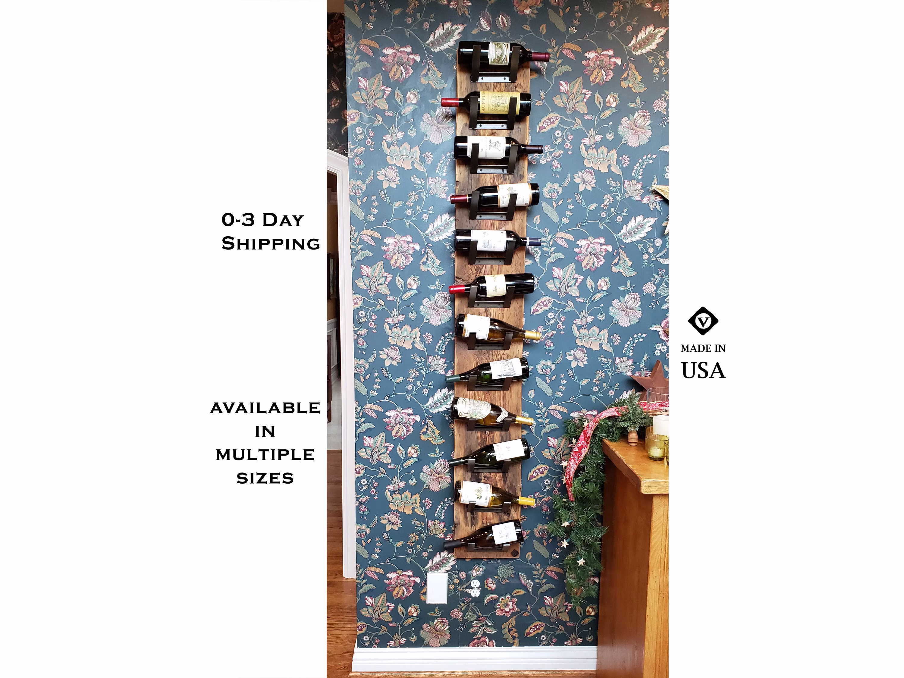 Wall-Mount Wine Rack, Reclaimed Wood + Metal Rustic Wooden Cabin Decor, Lover Gift