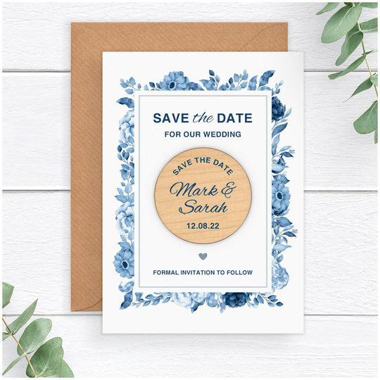 Blue Wedding Save The Date Magnets - Personalised Floral Spring Summer Autumn Winter Rustic Wooden Fridge