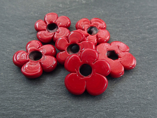 6 Red Glass Flower Beads, Large Chunky Artisan Handmade Opaque Red, 20mm