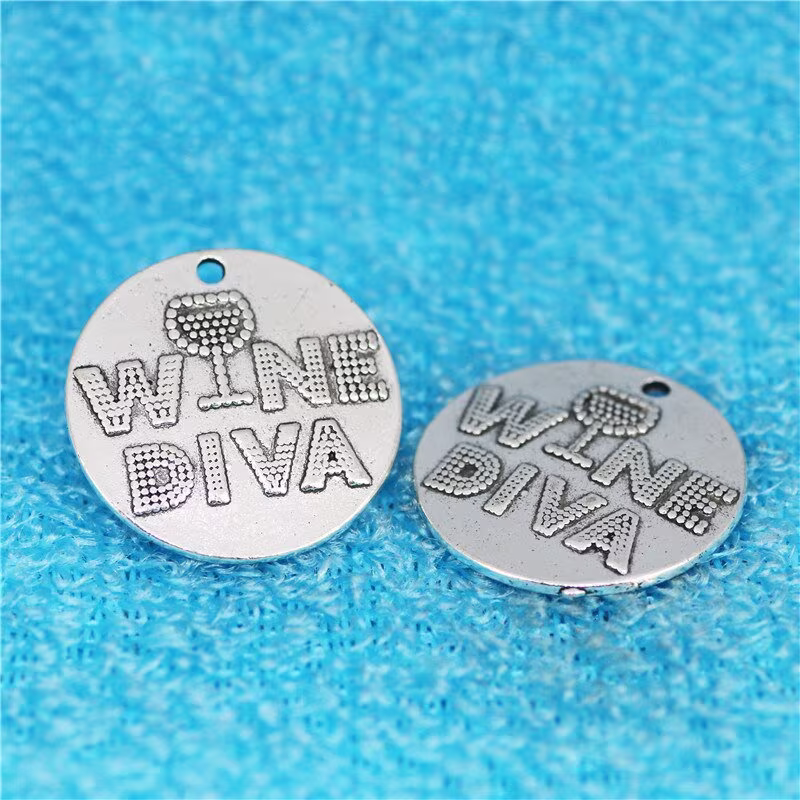 4 Pcs. Embossed Charms, Wine Diva, with Glass, Cocktail Glass Lover Alloy Antique Silver Metal B1903