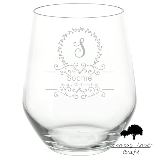 Personalised Wedding Wreath Design Stemless Wine/Spirit Glass. Stunning Gift For All Events