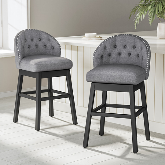 (Light Grey) 2Pcs Linen Studded Low Back Swivel Bar Stools