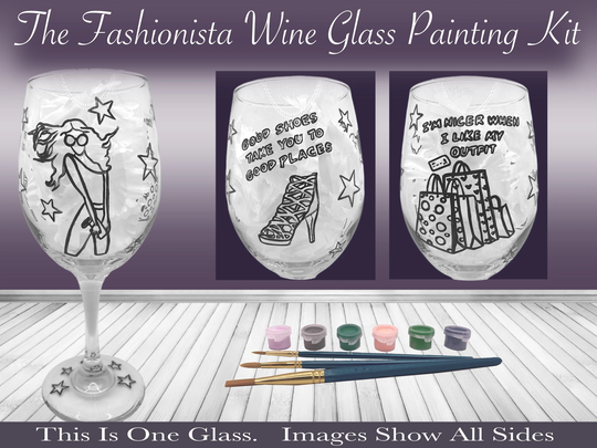 The Fashionista Wine Glass Painting Kit For Paint & Sip Party/Outlined Kit