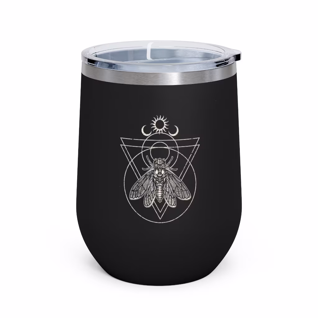 Occult Cicada Wine Tumbler, Goth Moth Insulated Travel Cup, Pagan Ritual Wine Tumbler, Witchy To Go Mug, Sacred Geometry Insect Gift For Her