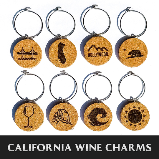 Wine Charm Set - California Theme | Set Of 8 Cork Glass Charms Lover Gift, Hostess Unique Gift