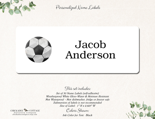 Soccer School Supply Labels, Name Stickers, Labels For Boys, Girls, Personalized Custom Soccer