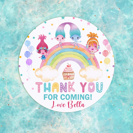 Trolls Birthday Stickers, Poppy Trolls Birthday, Rainbow Tag, Girls Personalised Thank You Stickers