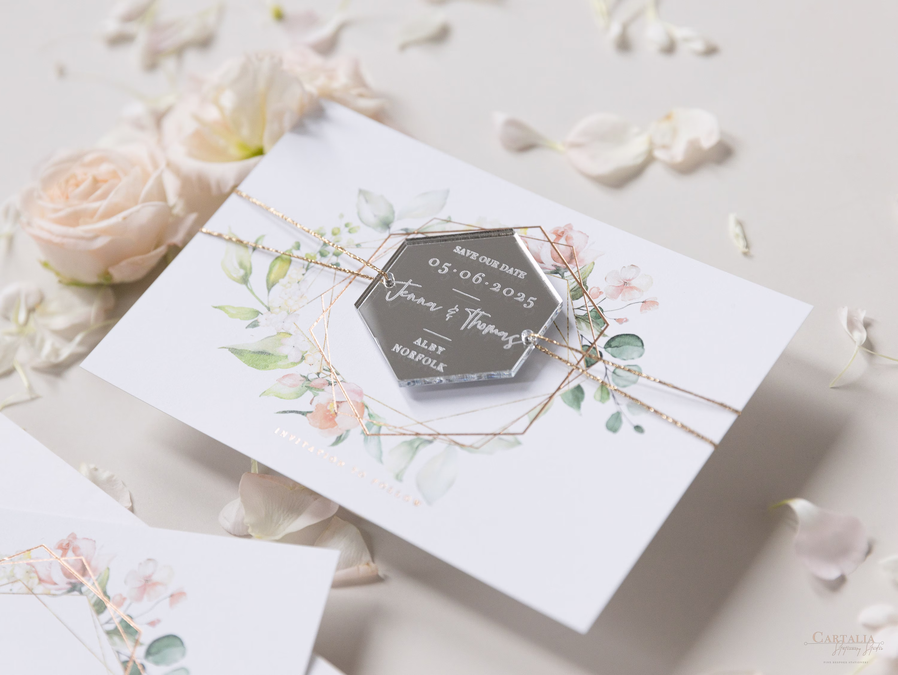 Hexagon Magnet Cards Save The Date - Luxury Mirror Plexi Acrylic Hexagon, Date Cards, Wedding Invite, Gold Foil With Envelope