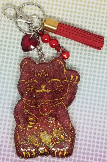 Maroon Lucky Cat Shaker Keychain Or Backpack/Purse Clip