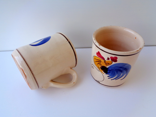 Blue Rooster Italian 1900S Glazed Maiolica Cup, Serve Wine Glass Rustic Pottery Cockerel Handpainted Rustic Terracotta Decorations Farmhouse