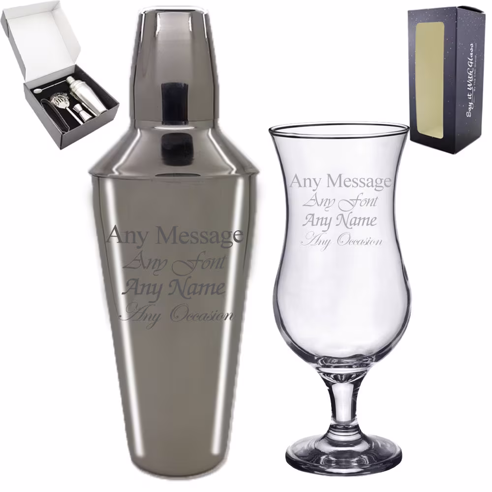 Personalised Engraved 5 Piece Cocktail Shaker Set & Pina Colada Glass, The Ideal Gift For Any Lover, Great Occasion