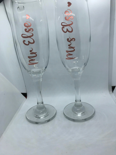 Bride & Groom Or Mr Mrs Champagne Flute Glasses. Available in Various Colours