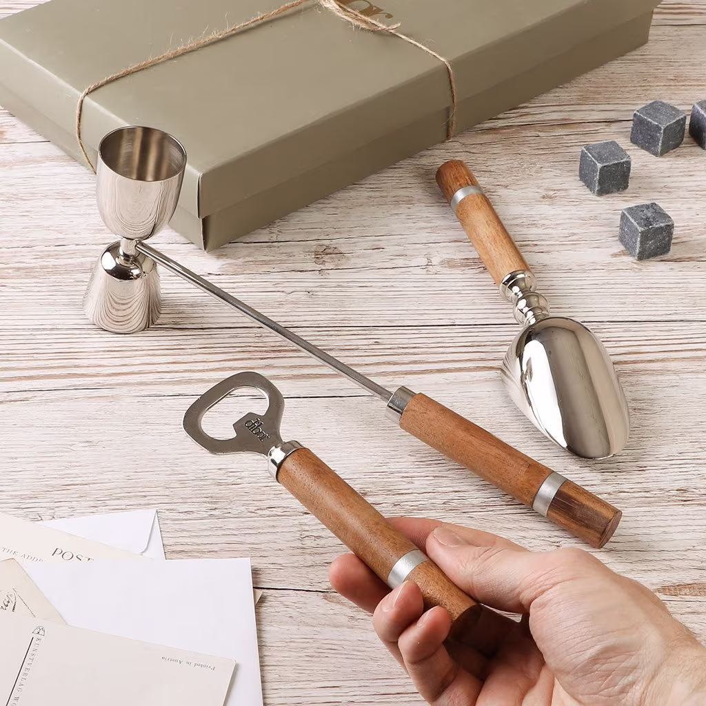 Acacia Wooden Handle Bar Tool Gift Set Shot Cup Jigger Bottle Opener Blade & Ice Scoop Barware Home Accessory Present