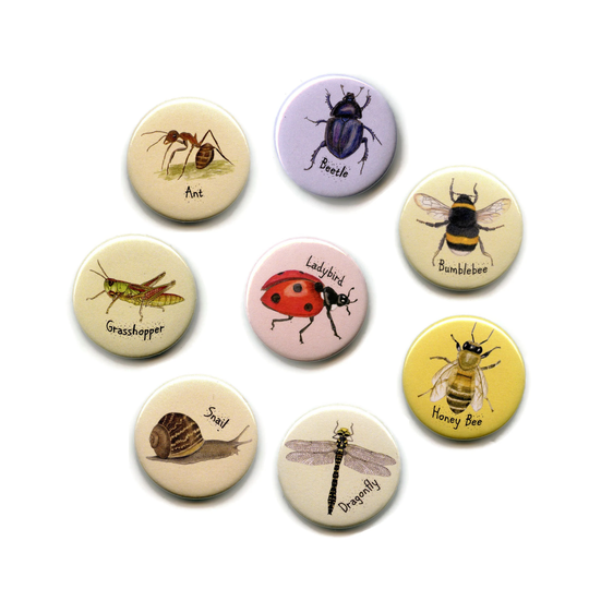 Bug Magnets, Set Of Eight, 38mm Round Button Invertebrates, Minibeasts, Insects, Fridge Magnets Bumblebee, Ant, Ladybird, Grasshopper Etc