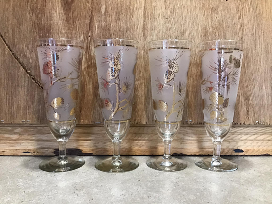 Vintage Set Of 4 Libbey Frosted Glass With Gold Pinecones & Pine Boughs Pilsner Beer Glasses