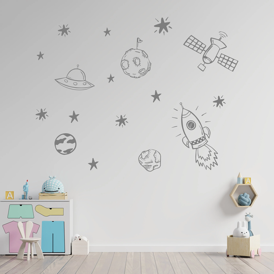 Space Themed Planets & Rockets Wall Vinyl Sticker | Kids Room Decoration Childrens Decor