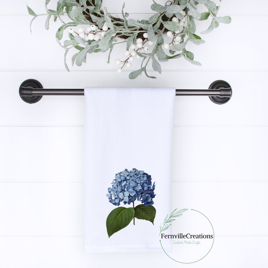 Kitchen Or Bath Hand Towel, Blue Hydrangea Decor, Elegant Powder Room Guest Velour Towel