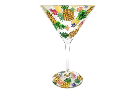 Pineapple Themed Martini Glass - Hand Painted Pineapples & Tropical Flowers Cocktail Party Unique Gift