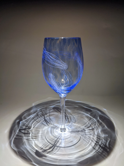 Hand Engraved Jellyfish Wine Glasses - Blue Glass Gifts Ocean Themed Sea Lover