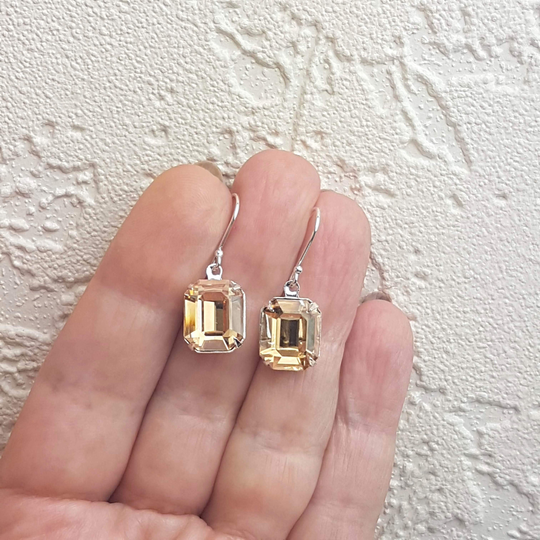 Small Champagne Earrings Drop Sterling Silver Austrian Crystal Earrings Vintage Style Dangle Octagon Rhinestone