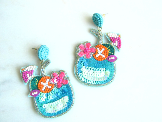 Rum Punch Cocktail Glass Beaded Earrings - Holiday Earrings, Seed Bead Statement Summer Earrings