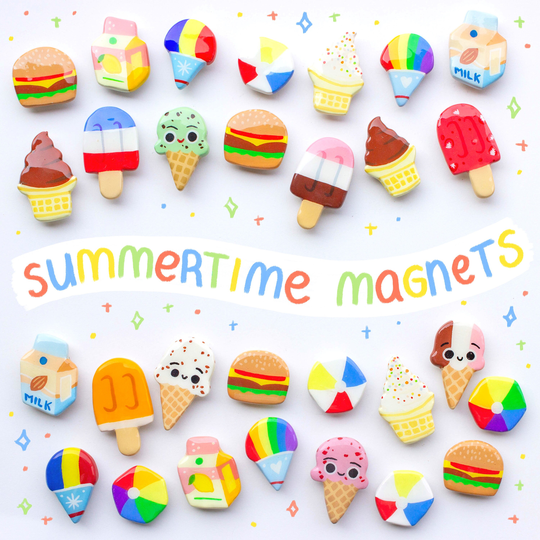 Summertime Magnets, Handmade Clay - 1.5In Summer Themed, Ice Cream, Popsicle, Snow Cone, Kitchen, Fridge