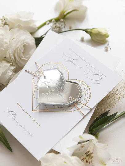 Luxury Magnet Save The Date Gold Foil Silver Acrylic Geometric Heart , Fridge The Date Cards, Wedding Invite, Bespoke With Envelope